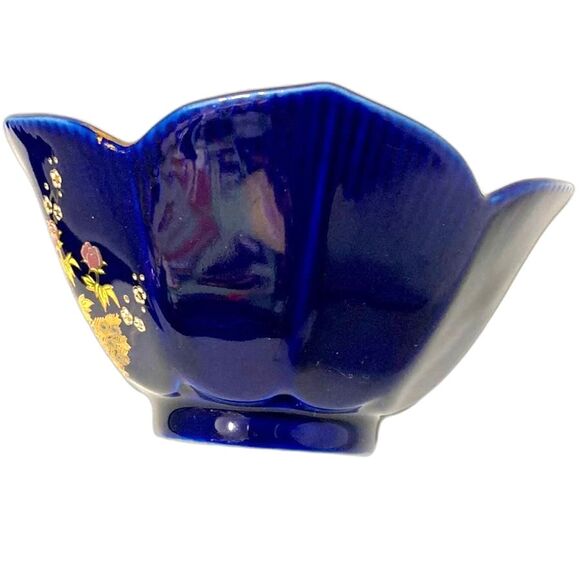 PEACOCKS Lotus Floral Cobalt Blue Gold Trim Decorative JAPANESE Bowl Vintage - Picture 6 of 12